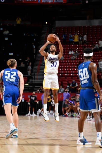 Alan Griffin of the Los Angeles Lakers shoots the ball against the Detroit Pistons during the 2021 Las Vegas Summer League on August 14, 2021 at the...