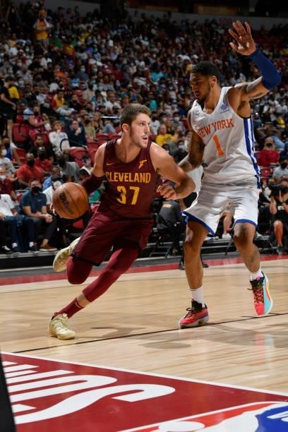 Matt Ryan of the Cleveland Cavaliers handles the ball against the New York Knicks during the 2021 Las Vegas Summer League on August 14, 2021 at the...