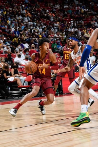 Jaylen Hands of the Cleveland Cavaliers handles the ball against the New York Knicks during the 2021 Las Vegas Summer League on August 14, 2021 at...