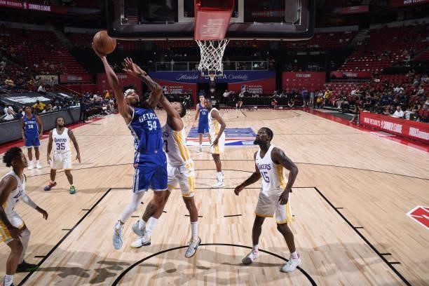 Jamorko Pickett of the Detroit Pistons drives to the basket against the Los Angeles Lakers during the 2021 Las Vegas Summer League on August 14, 2021...