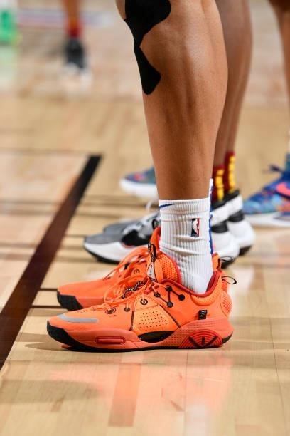 The sneakers of Jericho Sims of the New York Knicks during the game against the Cleveland Cavaliers during the 2021 Las Vegas Summer League on August...