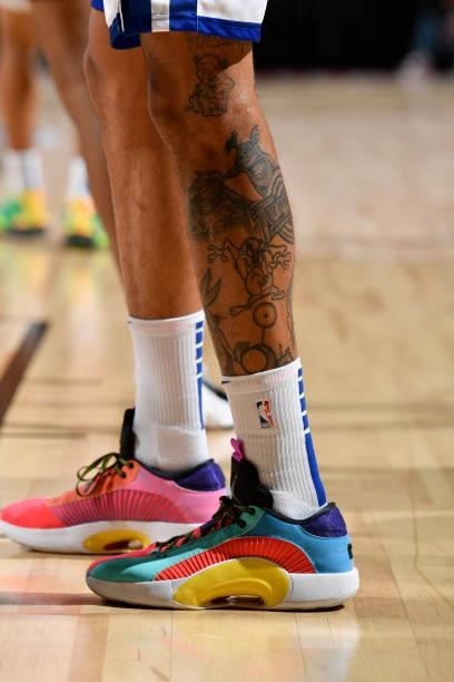The sneakers of Obi Toppin of the New York Knicks during the game against the Cleveland Cavaliers during the 2021 Las Vegas Summer League on August...