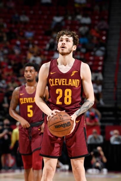 Sehmus Hazer of the Cleveland Cavaliers shoots a free throw against the New York Knicks during the 2021 Las Vegas Summer League on August 14, 2021 at...