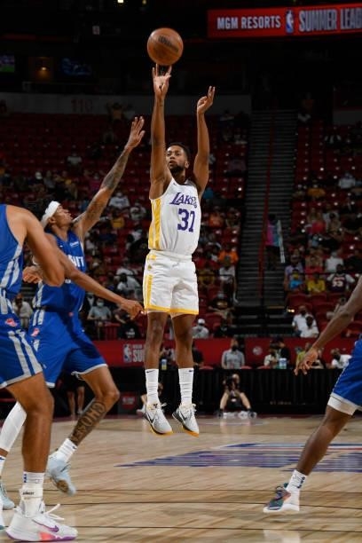 Alan Griffin of the Los Angeles Lakers shoots the ball against the Detroit Pistons during the 2021 Las Vegas Summer League on August 14, 2021 at the...