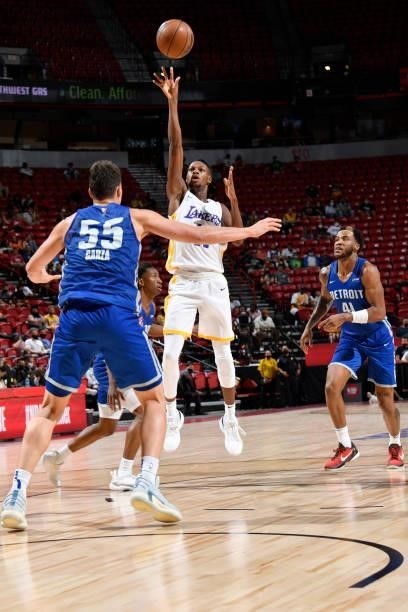 Joel Ayayi of the Los Angeles Lakers shoots the ball against the Detroit Pistons during the 2021 Las Vegas Summer League on August 14, 2021 at the...