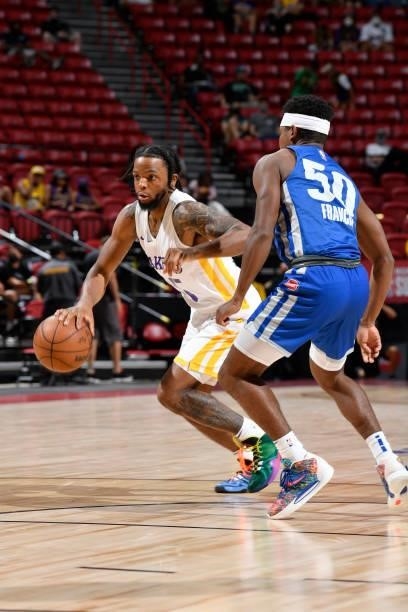 Zavier Simpson of the Los Angeles Lakers dribbles the ball against the Detroit Pistons during the 2021 Las Vegas Summer League on August 14, 2021 at...