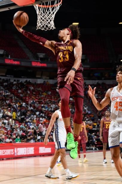 Brodric Thomas of the Cleveland Cavaliers drives to the basket against the New York Knicks during the 2021 Las Vegas Summer League on August 14, 2021...