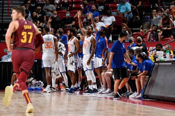 The New York Knicks celebrate during the game against the Cleveland Cavaliers during the 2021 Las Vegas Summer League on August 14, 2021 at the...