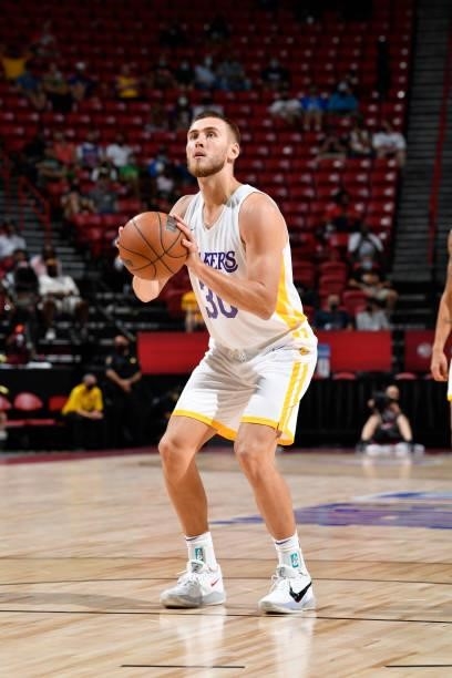 Tres Tinkle of the Los Angeles Lakers shoots a free throw against the Detroit Pistons during the 2021 Las Vegas Summer League on August 14, 2021 at...