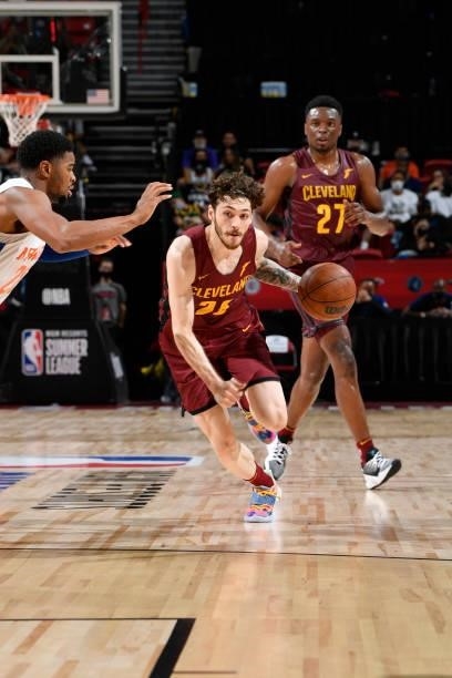 Sehmus Hazer of the Cleveland Cavaliers dribbles the ball against the New York Knicks during the 2021 Las Vegas Summer League on August 14, 2021 at...