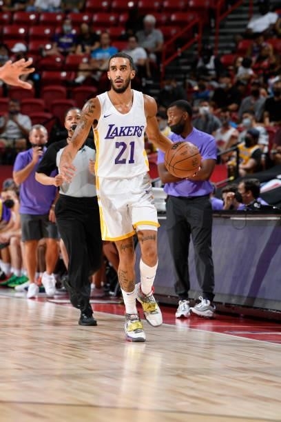 Trevelin Queen of the Los Angeles Lakers dribbles the ball against the Detroit Pistons during the 2021 Las Vegas Summer League on August 14, 2021 at...