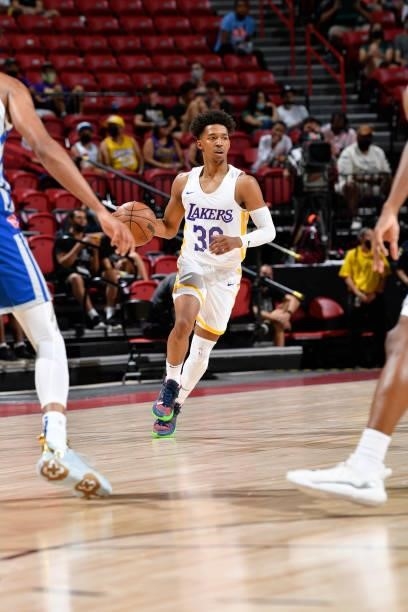Jordan Floyd of the Los Angeles Lakers dribbles the ball against the Detroit Pistons during the 2021 Las Vegas Summer League on August 14, 2021 at...