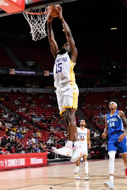 Chaundee Brown Jr. #15 of the Los Angeles Lakers dunks the ball against the Detroit Pistons during the 2021 Las Vegas Summer League on August 14,...