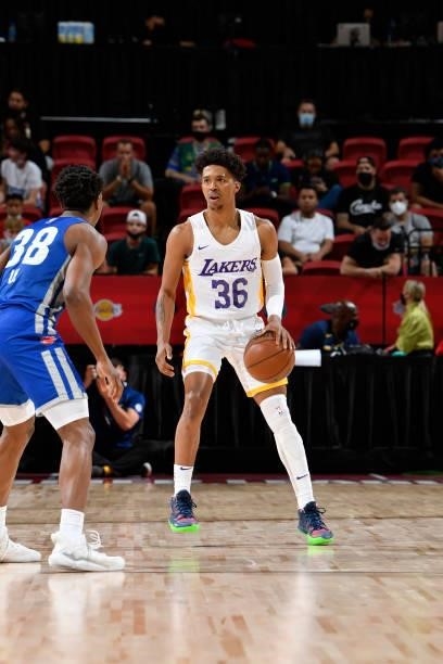 Jordan Floyd of the Los Angeles Lakers handles the ball against the Detroit Pistons during the 2021 Las Vegas Summer League on August 14, 2021 at the...