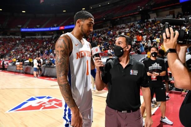 Obi Toppin of the New York Knicks is interviewed after the game against the Cleveland Cavaliers during the 2021 Las Vegas Summer League on August 14,...