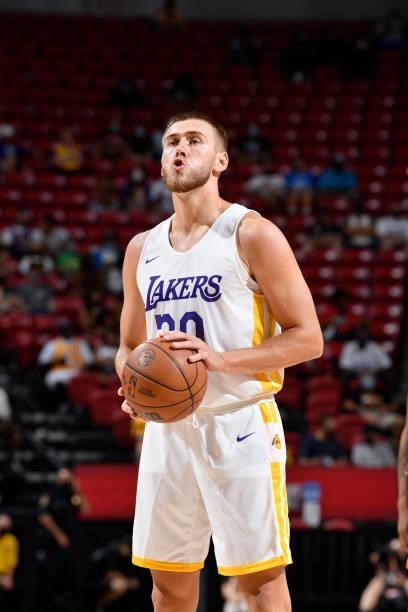 Tres Tinkle of the Los Angeles Lakers looks to shoot a free throw against the Detroit Pistons during the 2021 Las Vegas Summer League on August 14,...