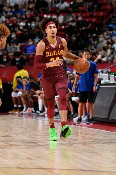 Brodric Thomas of the Cleveland Cavaliers dribbles the ball against the New York Knicks during the 2021 Las Vegas Summer League on August 14, 2021 at...