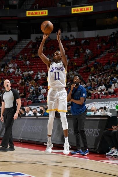 Joel Ayayi of the Los Angeles Lakers shoots the ball against the Detroit Pistons during the 2021 Las Vegas Summer League on August 14, 2021 at the...