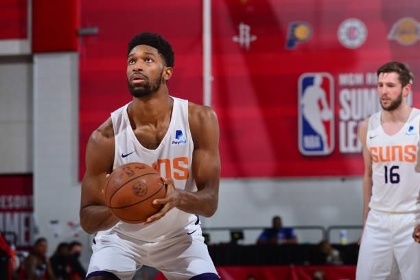Kyle Alexander of the Phoenix Suns shoots the ball against the Portland Trail Blazers during the 2021 Las Vegas Summer League on August 14, 2021 at...
