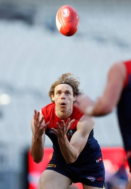 Ben Brown of the Demons marks the ball during the 2021 AFL Round 22 match between the Melbourne Demons and the Adelaide Crows at the Melbourne...