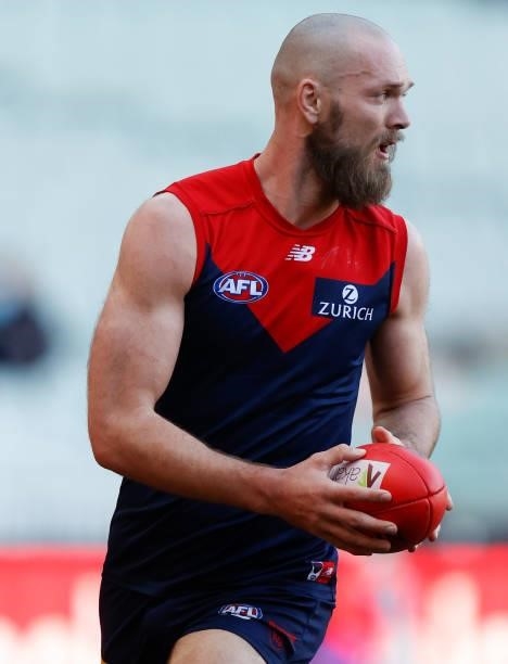 Max Gawn of the Demons in action during the 2021 AFL Round 22 match between the Melbourne Demons and the Adelaide Crows at the Melbourne Cricket...