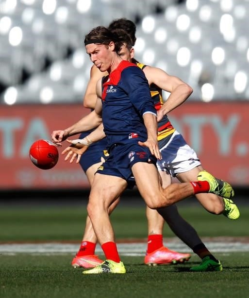 Ed Langdon of the Demons in action during the 2021 AFL Round 22 match between the Melbourne Demons and the Adelaide Crows at the Melbourne Cricket...