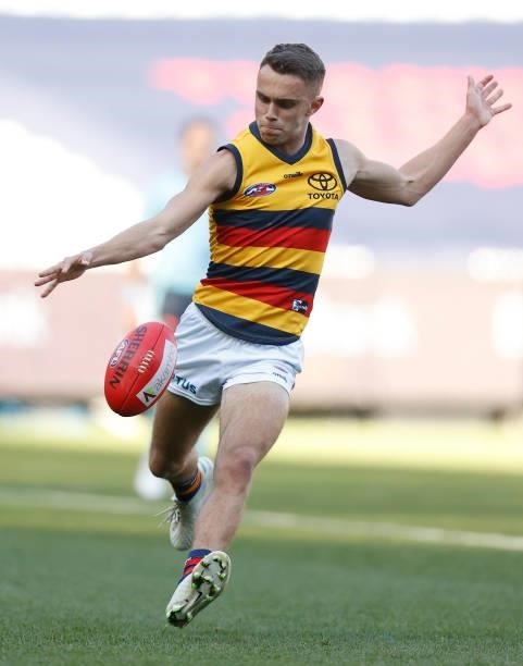 Lachlan Sholl of the Crows in action during the 2021 AFL Round 22 match between the Melbourne Demons and the Adelaide Crows at the Melbourne Cricket...