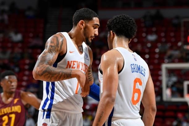 Obi Toppin talks with Quentin Grimes of the New York Knicks during the game against the Cleveland Cavaliers during the 2021 Las Vegas Summer League...