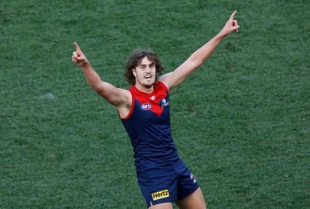 Luke Jackson of the Demons celebrates a goal during the 2021 AFL Round 22 match between the Melbourne Demons and the Adelaide Crows at the Melbourne...