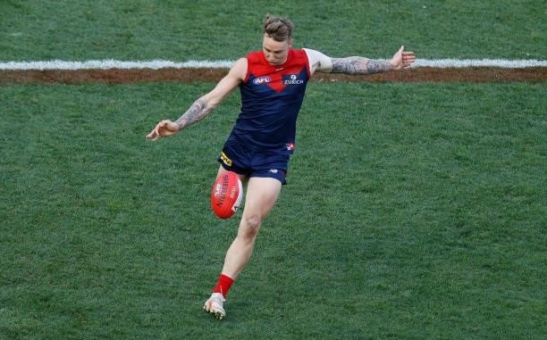 James Harmes of the Demons kicks the ball during the 2021 AFL Round 22 match between the Melbourne Demons and the Adelaide Crows at the Melbourne...