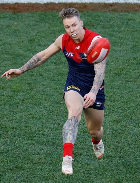 James Harmes of the Demons kicks the ball during the 2021 AFL Round 22 match between the Melbourne Demons and the Adelaide Crows at the Melbourne...