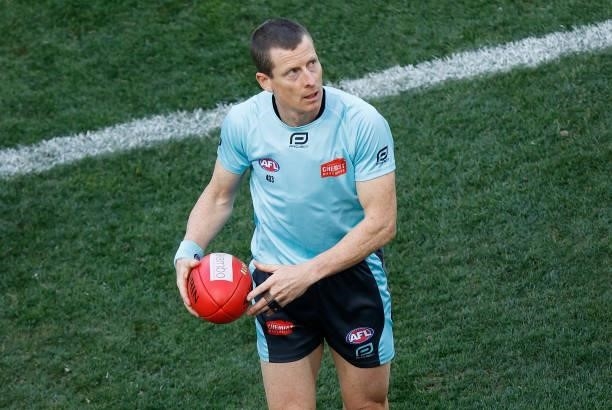 Field Umpire, Chris Donlon officiates in his 350th match is seen during the 2021 AFL Round 22 match between the Melbourne Demons and the Adelaide...