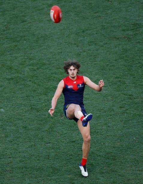 Luke Jackson of the Demons kicks a goal during the 2021 AFL Round 22 match between the Melbourne Demons and the Adelaide Crows at the Melbourne...