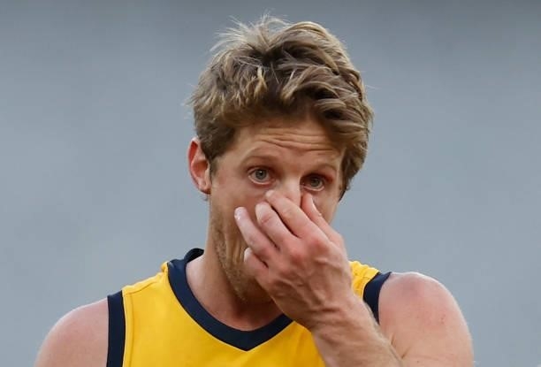 Rory Sloane of the Crows reacts after a loss during the 2021 AFL Round 22 match between the Melbourne Demons and the Adelaide Crows at the Melbourne...