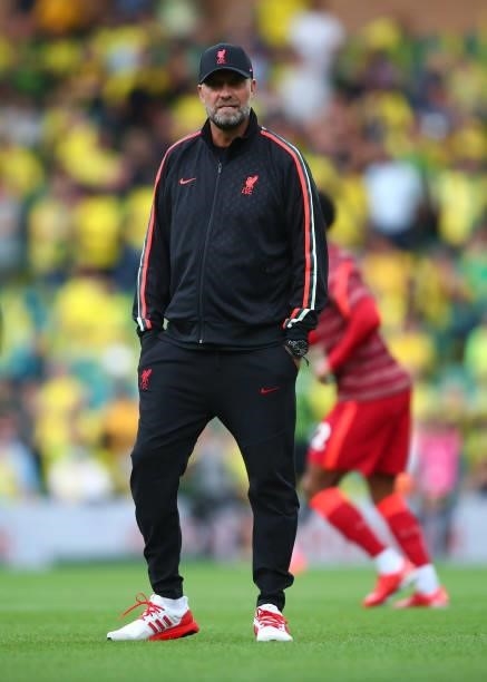 Jurgen Klopp manager of Liverpool during the Premier League match between Norwich City and Liverpool at Carrow Road on August 14, 2021 in Norwich,...