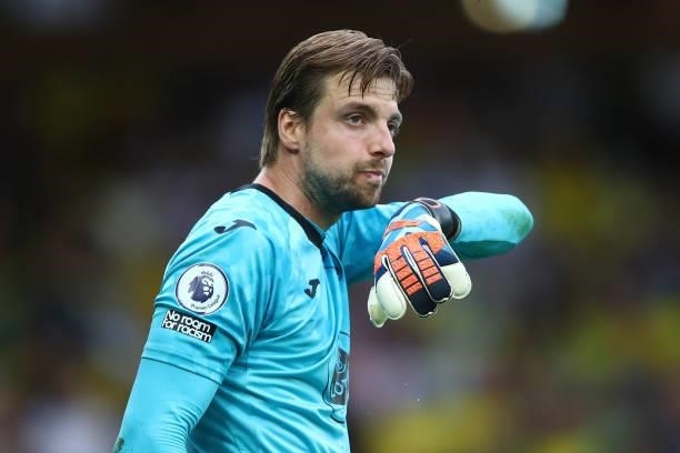 Tim Krul of Norwich City during the Premier League match between Norwich City and Liverpool at Carrow Road on August 14, 2021 in Norwich, England.