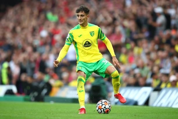 Dimitris Giannoulis of Norwich City during the Premier League match between Norwich City and Liverpool at Carrow Road on August 14, 2021 in Norwich,...