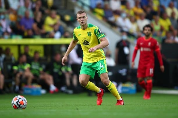Ben Gibson of Norwich City during the Premier League match between Norwich City and Liverpool at Carrow Road on August 14, 2021 in Norwich, England.