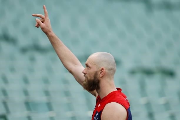 Max Gawn of the Demons celebrates during the 2021 AFL Round 22 match between the Melbourne Demons and the Adelaide Crows at the Melbourne Cricket...