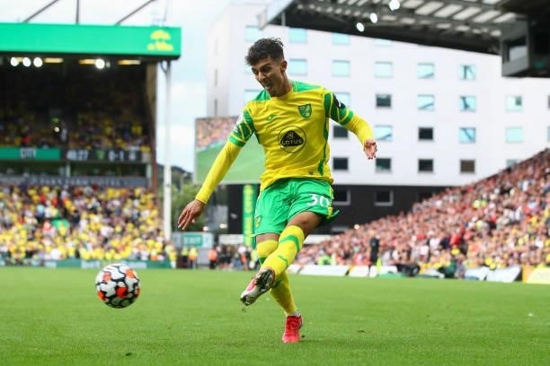 Dimitris Giannoulis of Norwich City during the Premier League match between Norwich City and Liverpool at Carrow Road on August 14, 2021 in Norwich,...