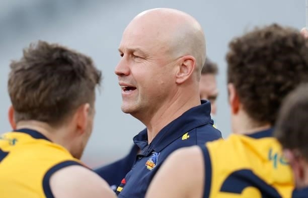 Senior coach Matthew Nicks of the Crows addresses his players during the 2021 AFL Round 22 match between the Melbourne Demons and the Adelaide Crows...