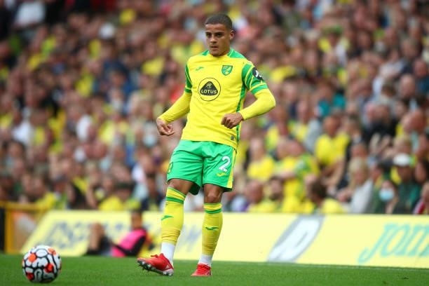 Max Aarons of Norwich City during the Premier League match between Norwich City and Liverpool at Carrow Road on August 14, 2021 in Norwich, England.