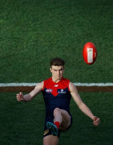 Bayley Fritsch of the Demons in action during the 2021 AFL Round 22 match between the Melbourne Demons and the Adelaide Crows at the Melbourne...