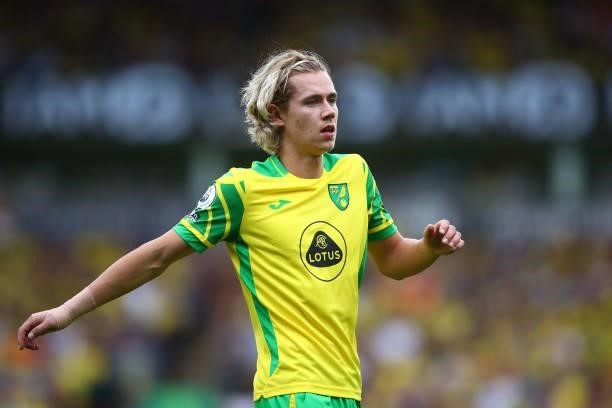 Todd Cantwell of Norwich City during the Premier League match between Norwich City and Liverpool at Carrow Road on August 14, 2021 in Norwich,...