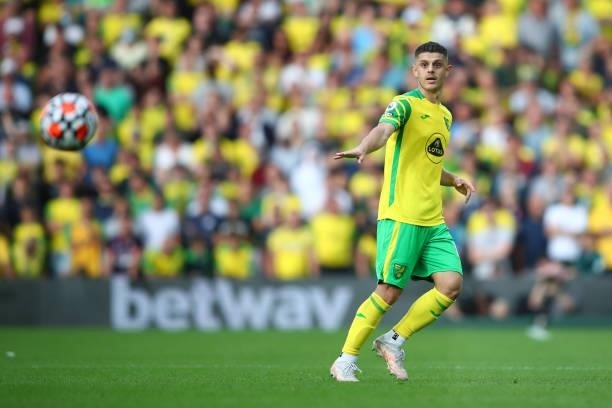 Milot Rashica of Norwich City during the Premier League match between Norwich City and Liverpool at Carrow Road on August 14, 2021 in Norwich,...