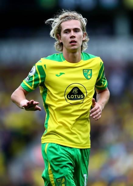 Todd Cantwell of Norwich City during the Premier League match between Norwich City and Liverpool at Carrow Road on August 14, 2021 in Norwich,...