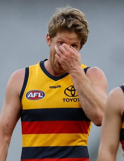 Rory Sloane of the Crows reacts after a loss during the 2021 AFL Round 22 match between the Melbourne Demons and the Adelaide Crows at the Melbourne...