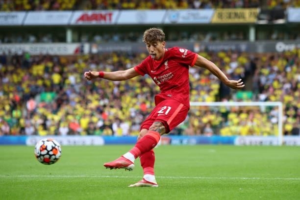 Kostas Tsimikas of Liverpool during the Premier League match between Norwich City and Liverpool at Carrow Road on August 14, 2021 in Norwich, England.