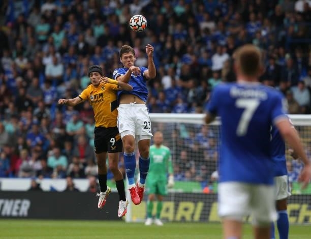 Leicester City's Jannik Vestergaard battles with Wolverhampton Wanderers' Raul Jimenez during the Premier League match between Leicester City and...