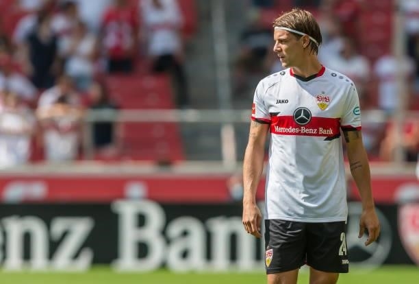 Borna Sosa of VfB Stuttgart Looks on during the Bundesliga match between VfB Stuttgart and SpVgg Greuther Fuerth at Mercedes-Benz Arena on August 14,...